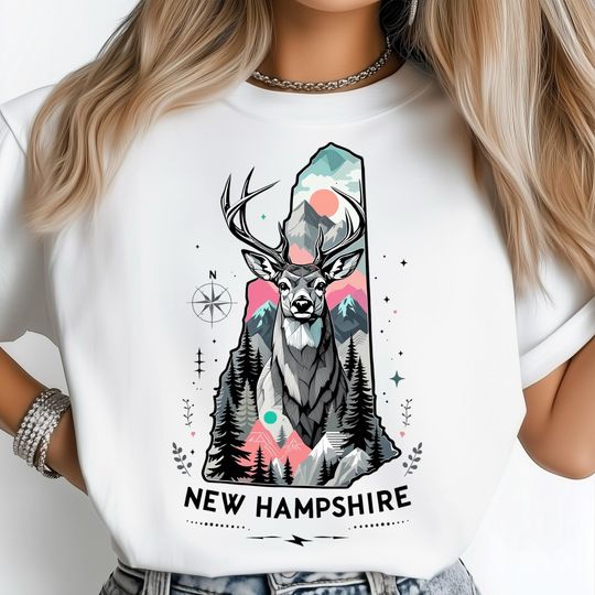 Discover New Hampshire Deer T-Shirt, Scenic Mountain Forest Wildlife Art, Rustic Nature Design Poster