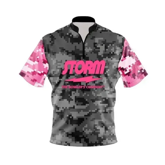 Discover Storm Grey Pink Digital Camo Fast Track CoolWick Bowling Jersey