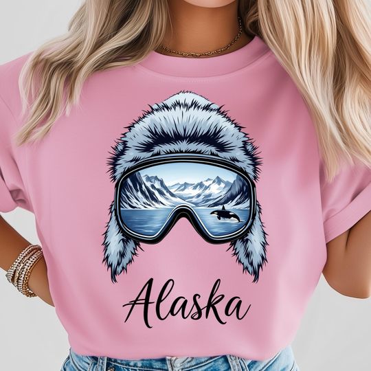 Discover Alaska Winter Hat T-Shirt, Arctic Scene Clipart, Snowy Mountain Goggles Art