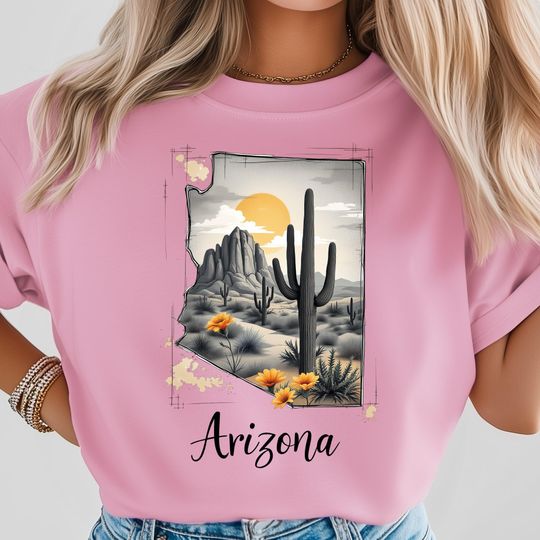 Discover Arizonna Cactus T-Shirt, Scenic Desert Sunset Floral Art, Wild West Countryside Design