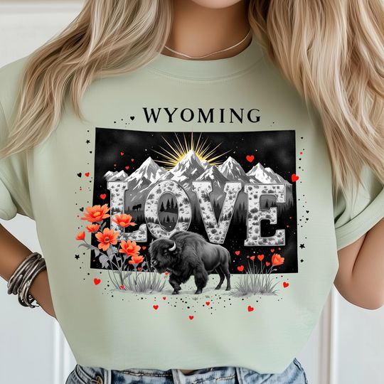 Discover Love Wyoming T-Shirt, Floral State Posters, Bison Png Western Decor