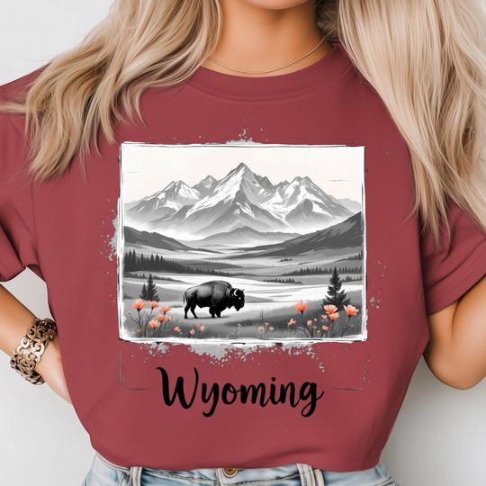 Discover Wyoming Artwork T-Shirt, Bison in Mountain Valley, Grand Teton Sunset Print