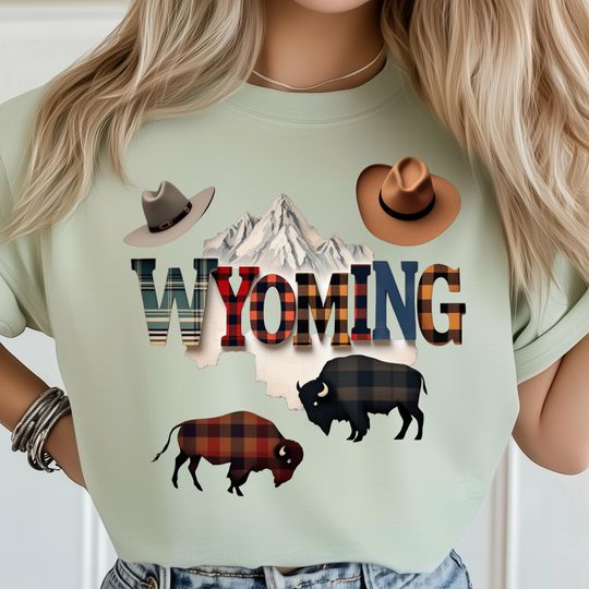 Discover Wyoming T-Shirt, Western Buffalo Plaid Clipart, Cowboy Hat State Design