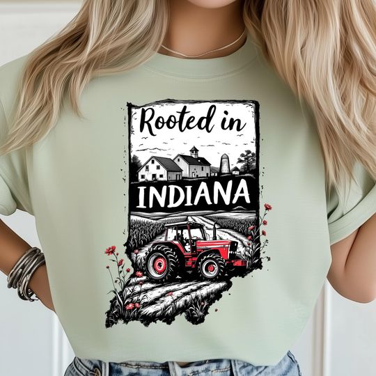 Discover Rooted In Indiana T-Shirt, Red Tractor Farm Scene, Barn, Cornfields, Wildflowers
