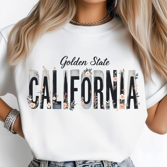 California State T-Shirt, Shabby Chic Floral Print, Wooden Letter Art, Boho Western Design