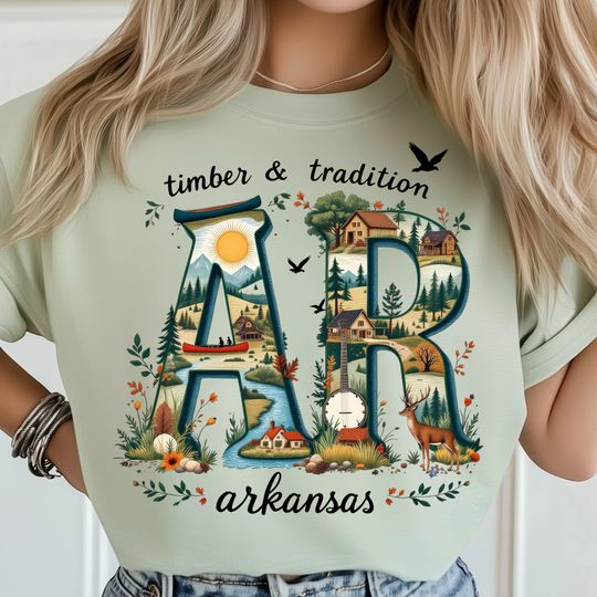 Arkansas State T-Shirt, Nature Wildlife Art with Canoe River Scene, Rustic Deer T-Shirt