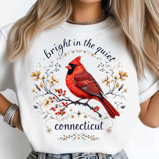 Discover Connecticut Cardinal Bird T-Shirt, Vintage Floral State, USA Wildlife Art