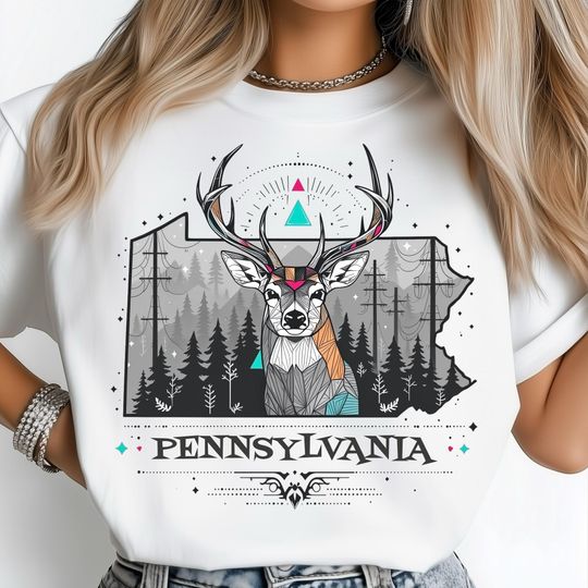 Discover Pennsylvania Geometric Deer T-Shirt, Forest Wildlife Art, Colorful State T-Shirt