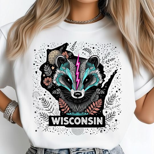 Discover Wisconsin Geometric Badge T-Shirt, Neon Lightning Animal T-Shirt
