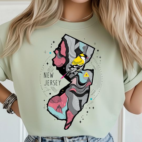 Discover New Jersey T-Shirt, Goldfinch Bird Abstract Art, Modern Colorful State Sublimation Design