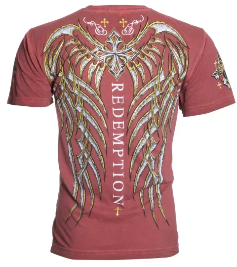 Archaic Affliction Men’s Short Sleeve T-Shirt Spine Wings Biker Red