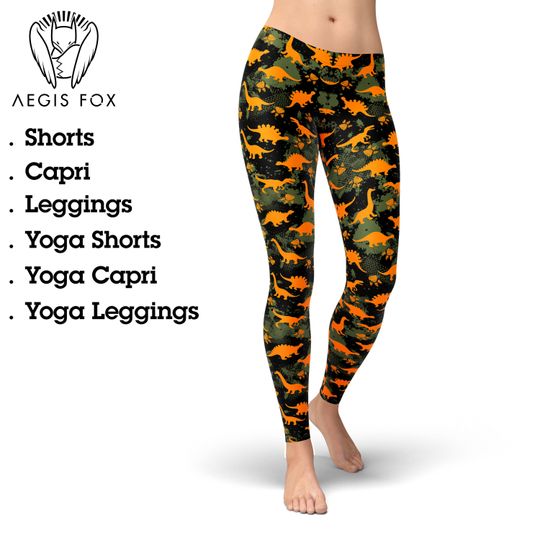 Discover Orange Dinosaur Print Leggings: Workout Yoga Pants
