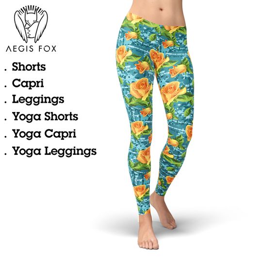 Discover Yellow Rose Leggings: Blue Pattern High Waist Yoga Pants