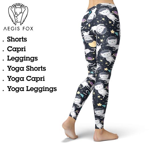Discover Cat Astronaut Leggings: Space Cartoon Print Yoga Pants