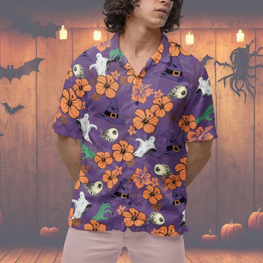 Halloween Hawaiian Shirt Ghost Witch and Skeleton Pattern
