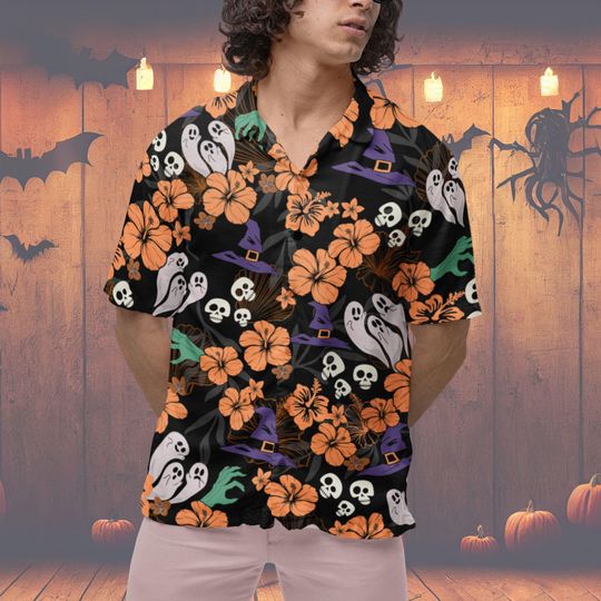 Spooky Halloween Hawaiian Shirt with Ghost Witch and Skeleton Print