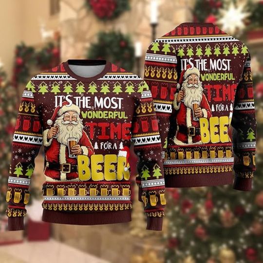 Discover Santa Beer Christmas Sweater, Funny Ugly Xmas Sweater with Santa Drinking Design, Holiday Party Outfit, Winter Gift Idea