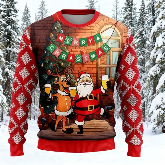 Santa and Reindeer Christmas Sweater, Funny Ugly Xmas Sweater with Beer Design, Holiday Party Outfit, Winter Gift Idea