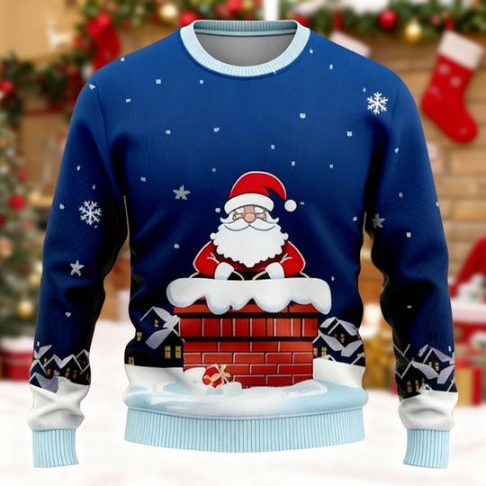 Discover Santa Chimney Christmas Sweater, Funny Ugly Xmas Sweater with Snowflakes, Holiday Outfit, Unique Winter Gift Idea