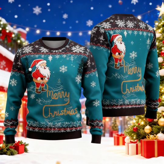Discover Funny Santa Christmas Sweater, Ugly Xmas Sweater with Merry Christmas Design, Holiday Outfit, Unique Winter Gift Idea