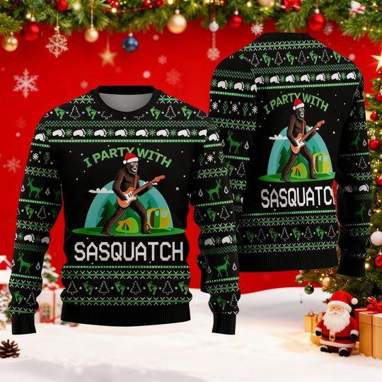 I Party With Sasquatch Christmas Sweater, Funny Bigfoot Ugly Xmas Sweater, Holiday Outfit, Unique Winter Gift Idea