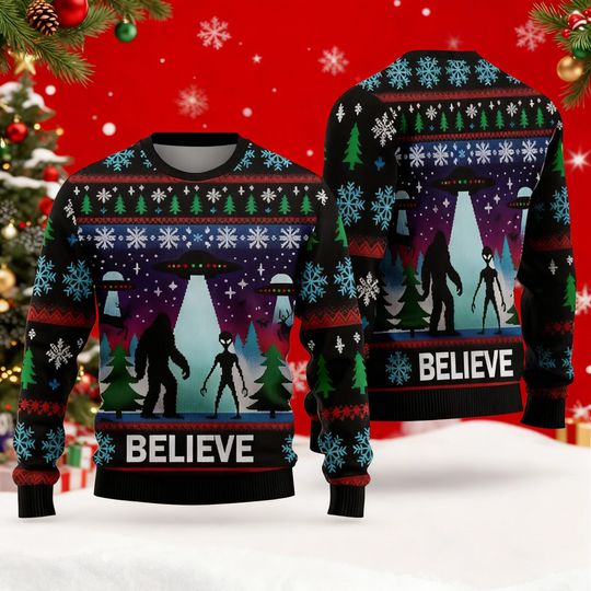 Bigfoot and Alien Christmas Sweater, UFO Ugly Xmas Sweater, Funny Believe Holiday Outfit, Unique Festive Winter Gift