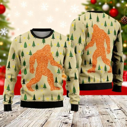 Bigfoot Glitter Christmas Sweater, Ugly Xmas Sasquatch Sweater, Funny Holiday Outfit, Festive Winter Gift