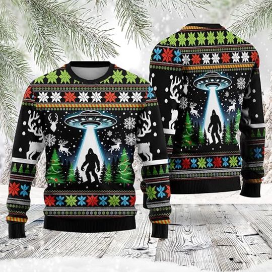 Discover Bigfoot UFO Christmas Sweater, Alien Abduction Holiday Shirt, Funny Cryptid Xmas Sweater, Sasquatch Ugly Sweater, Space Santa Gift