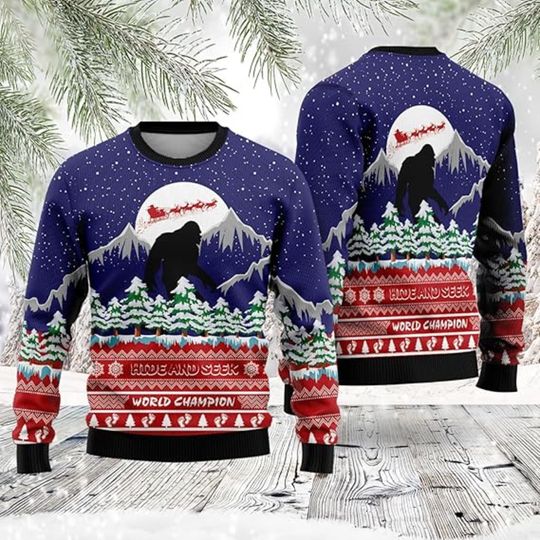 Discover Bigfoot Hide And Seek World Champion Ugly Christmas Sweater, Funny Sasquatch, Mythical Xmas, Holiday Humor, Cryptid Gift