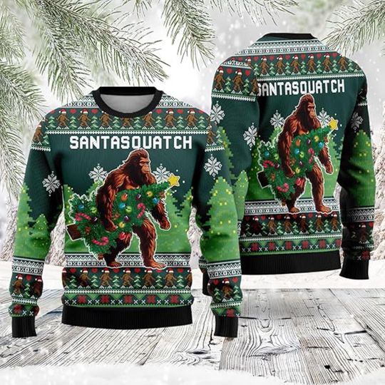 Santasquatch Christmas Sweater, Funny Bigfoot Xmas Shirt, Ugly Holiday Sasquatch Sweater, Yeti Tree Sweater, Cryptid Christmas Gift