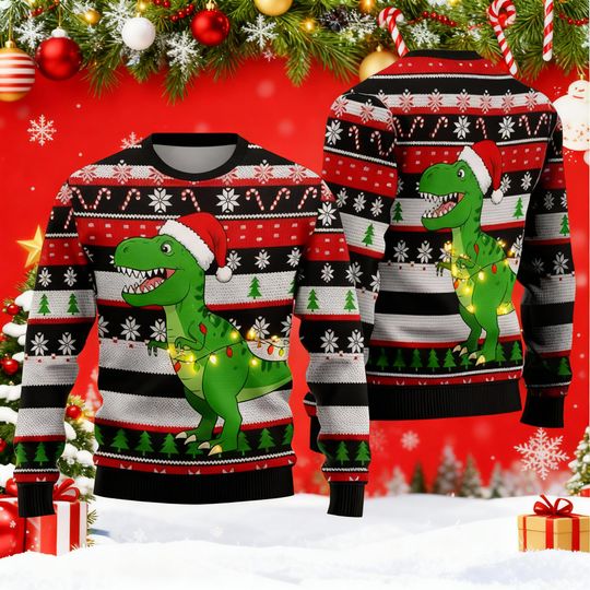 Discover Funny Christmas Dinosaur Sweater With Santa Hat & Lights  T-Rex Holiday Sweater For Kids Adults