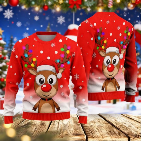 Cute Rudolph Christmas Sweater With Santa Hat Light-Up Antlers  Fun Holiday Sweater For Kids & Adults