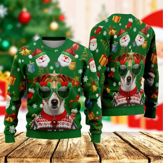 Discover Funny Dog Christmas Sweater With Santa, Gifts & Shades  Ugly Holiday Sweater With Cool Pup Design For Dog Lovers