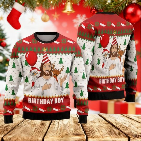 Discover Funny Jesus Birthday Boy Christmas Sweater, Religious Xmas Pullover With Party Hat & Santa, Ugly Holiday Sweatshirt For Men Women