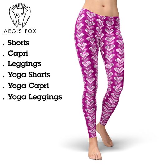 Discover Pink Heart Knitted Pattern Leggings: High Waist Yoga Pants
