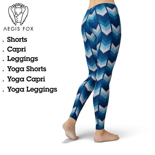 Discover Blue Herringbone Knit Pattern Leggings: High Waist Yoga Pants