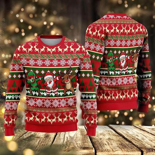 Discover Funny Santa Dab Christmas Sweater, Elf & Reindeer Ugly Xmas Pullover for Holiday Parties, Unisex Red Festive Sweatshirt