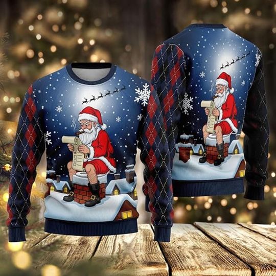 Funny Santa Chimney Sweater, Hilarious Naughty Christmas Sweater, Santa on Toilet Ugly Xmas Sweater for Men and Women