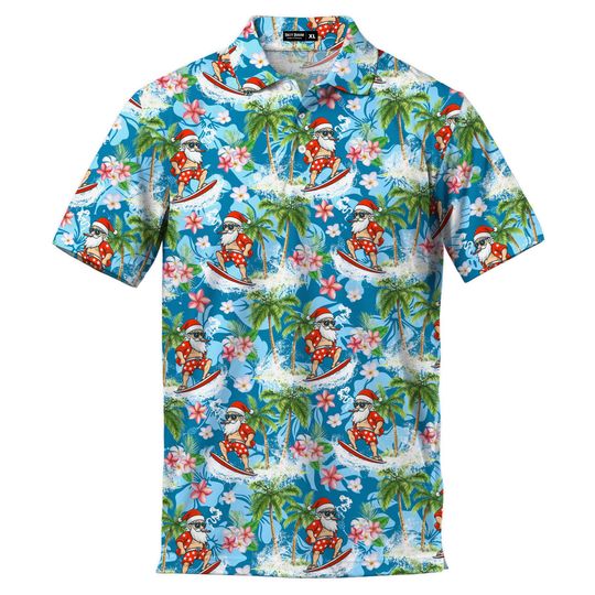 Men's Christmas Polo Shirt Holiday Party Aloha Golf Shirt Tropical Vintage Santa Claus Tee