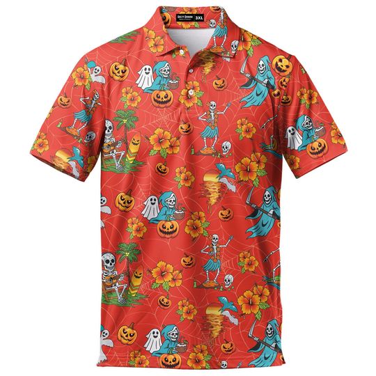 Discover Skeleton Men’s Halloween Polo Shirt with Pumpkin Design Vintage Golf Polo