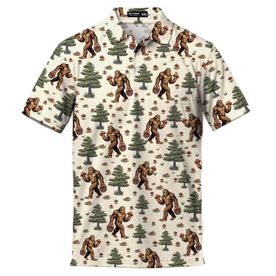 Bigfoot Sasquatch Hawaii Polo Shirt for Men, Golf Button Down Aloha Shirt