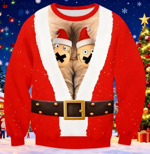 Discover Naughty Santa Balls Sweater, Funny Adult Xmas Sweater, Ugly Christmas Gag Shirt, Red Holiday Humor Jumper, Party Sweater, Joke Gift
