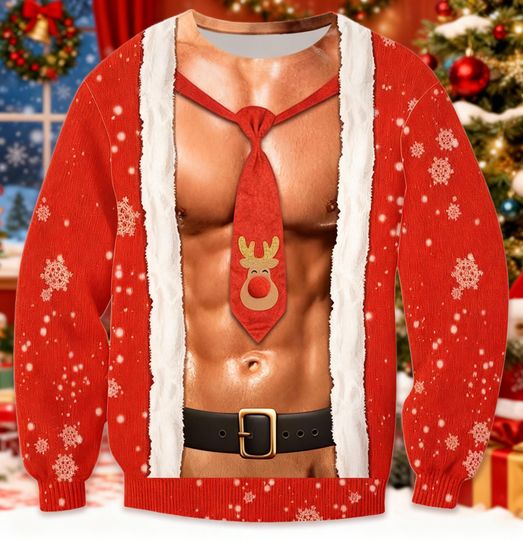 Sexy Muscle Santa Sweater, Funny Christmas Sweater, Naughty Holiday Jumper, Red Xmas Party Shirt, Adult Gag Gift, Buff Santa Top