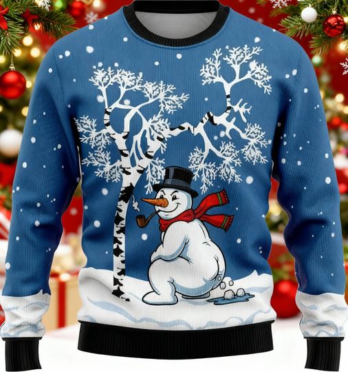 Discover Funny Snowman Poop Sweater, Naughty Christmas Sweater, Ugly Holiday Jumper, Blue Winter Humor Shirt, Adult Xmas Party Sweater, Gag Gift