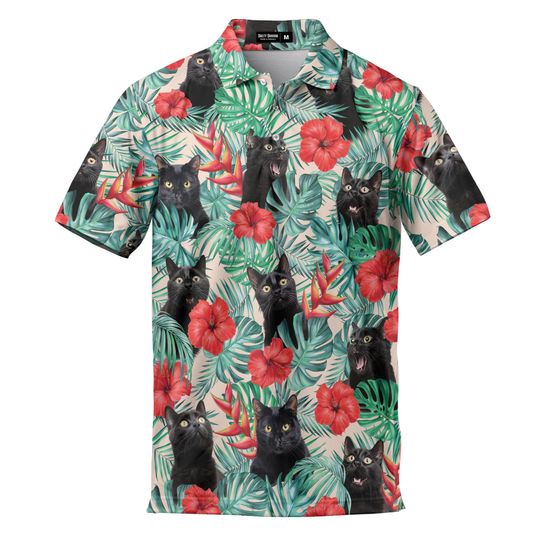 Discover Men's Black Cat Floral Polo Shirt, Vintage Golf Polo