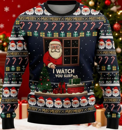Discover Funny Santa Watching Sweater, I Watch You Sleep Xmas Jumper, Creepy Christmas Sweater, Ugly Holiday Shirt, Santa Humor Gift, Party Tee
