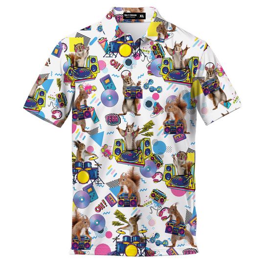 Squirrel Music DJ Polo Shirt for Men Short Sleeve Button-Up Golf Shirt