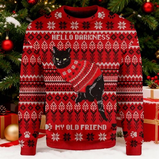 Discover Funny Black Cat Ugly Christmas Sweater, Hello Darkness My Old Friend Xmas Jumper, Cat Lover Gift, Goth Christmas Holiday Outfit