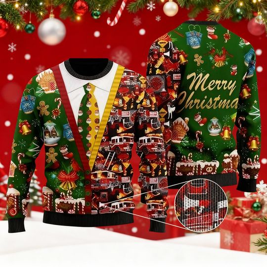 Firefighter Ugly Christmas Sweater, Firetruck Xmas Party Sweatshirt, Merry Christmas Fireman Gift, Fire Department Holiday Jumper
