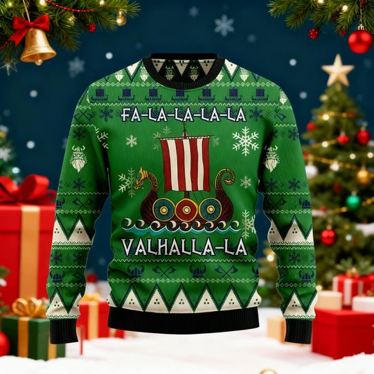 Viking Ugly Christmas Sweater, Fa-La-La-La Valhalla-La Funny Xmas Jumper, Viking Lover Gift, Norse Mythology Holiday Outfit